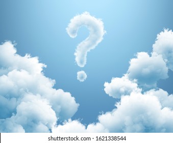3d render, clouds over blue sky, cloudy question mark above, abstract curiosity concept. Simple background, clean design, digital illustration