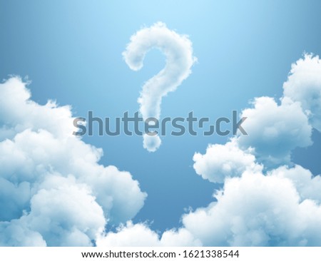 3d render, clouds over blue sky, cloudy question mark above, abstract curiosity concept. Simple background, clean design, digital illustration