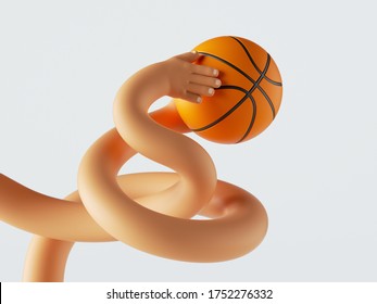 3d Render, Clumsy Cartoon Tangled Hands Hold Ball, Funny Basketball Player. Sport Clip Art