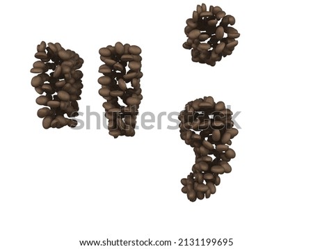 3D Render of Coffee Bean Themed Font Quotation Mark and Comma and Period