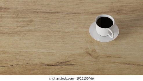 3d Render Coffee Cup On Wood Table. Minimal Workspace. Wall Concept Template. Hot Coffee In Mug. Cafe And Resturant Template.