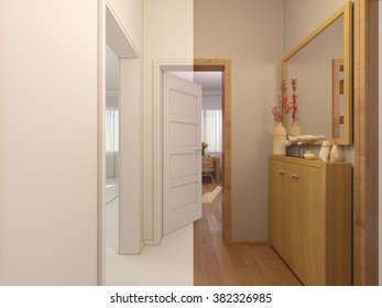 3D Render Collage  Of Interior Design Entrance Hall In A Studio Apartment In A Modern Minimalist Style.  The Illustration Shows The Open Doors In The Living Room, Kitchen And Hallway 