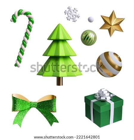 3d render, collection of assorted Christmas ornaments, festive clip art isolated on white background. Set of design elements