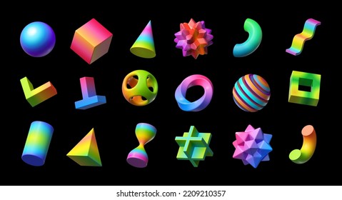 3d render  Collection assorted geometric shapes  Set different icons  signs   symbols  Colorful objects and gradient  Clip art isolated black background