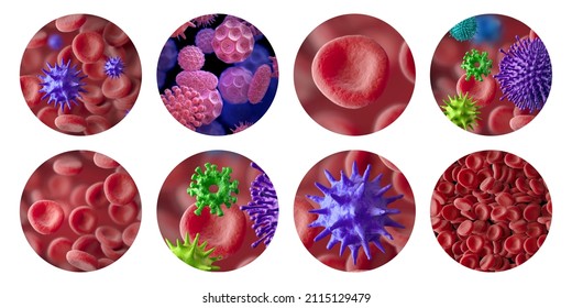 3d Render, Collection Of Assorted Round Stickers With Microbiological Designs. Red Blood Cells, Bacteria And Virus. Microscopic Clip Art Isolated On White Background