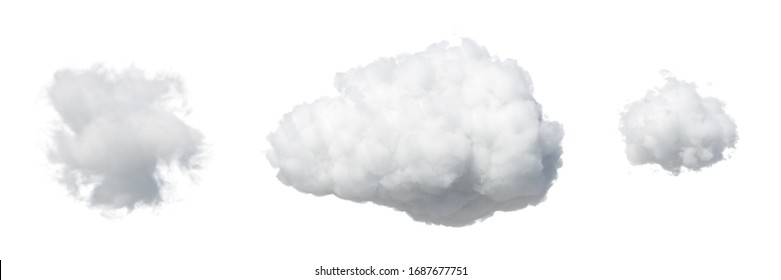 3d render. Collection of random shapes of abstract clouds. Cumulus different views clip art isolated on white background.