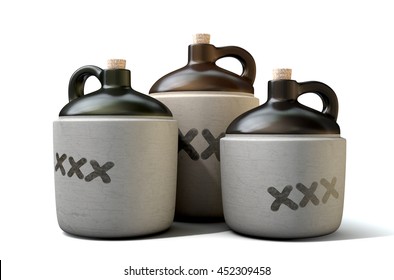 A 3D render of a collection of three vintage moonshine jugs on an isolated white studio background