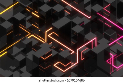 3d Render, Colored Abstract Background, Geometric Shapes, Isometric, Pattern, Neon Lights