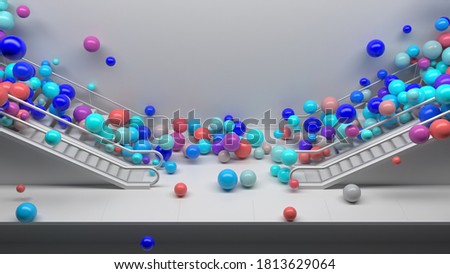 3d render colorful background with a lot of shiny spheres fall down from escalator. Fun and positive mood. Vibrant colors. 3d spheres.