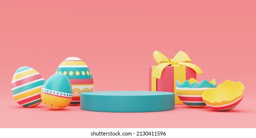 3d render of colorful easter eggs with podium,happy easter holiday concept.minimal style,3d rendering.
