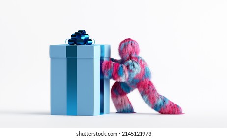 3d render, colorful hairy yeti pushes the big heavy gift box, bigfoot cartoon character prepares surprise. Festive party clip art isolated on white background
