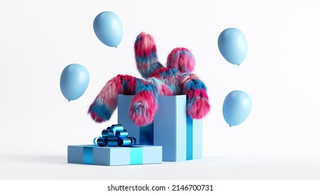 3d render, colorful hairy yeti sits inside the big gift box, air balloons, bigfoot cartoon character celebrating. Festive party clip art isolated on white background