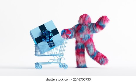 3d render, colorful hairy Yeti cartoon character stands near shopping cart with big gift box inside. Funny furry bigfoot toy. Clip art isolated on white background
