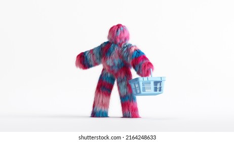 3d render, colorful hairy Yeti cartoon character holds empty shopping basket. Funny furry bigfoot toy. Clip art isolated on white background