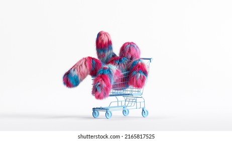 3d render, colorful hairy Yeti cartoon character sits inside the shopping cart. Funny furry bigfoot toy. Clip art isolated on white background