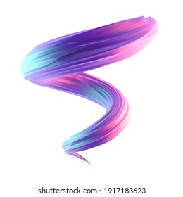 3d render colorful holographic swirl brush sroke isolated on a white background. Artistic abstract iridescent 3d pink blue and violet paintbrush illustration. Presentation spiral ribbon concept.