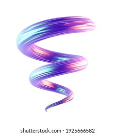 3d Render Colorful Holographic Swirl Brush Sroke Isolated On A White Background. Artistic Abstract Iridescent Pink Paintbrush Illustration. Presentation Banner Wallpaper Spiral Ribbon Concept.