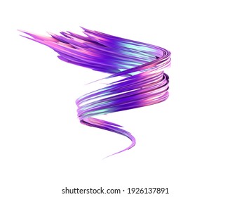 3d render colorful holographic swirl brush sroke isolated on a white background. Artistic abstract iridescent 3d pink paintbrush illustration. Presentation spiral ribbon concept.
