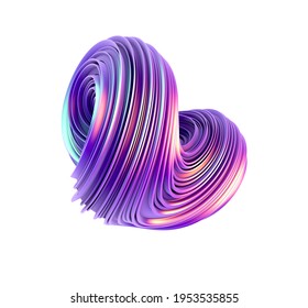 3d Render Colorful Holographic Swirl Object Isolated On A White Background. Artistic Abstract Iridescent Metallic Liquid Pink Purple Spiral Illustration. Presentation Packaging Poster Banner Concept.