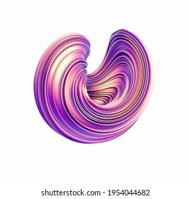 3d Render Colorful Holographic Swirl Object Isolated White Background. Artistic Abstract Iridescent Metallic Pink Stripe Spiral Illustration. Presentation Packaging Poster Banner Circle Torus Concept