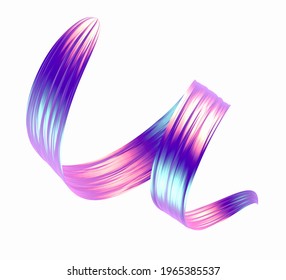 3d Render Colorful Holographic Swirl Brush Stroke Isolated On A White Background. Artistic Abstract Iridescent 3d Pink Paintbrush Illustration. Spiral Ribbon Concept For Modern Design Creating.