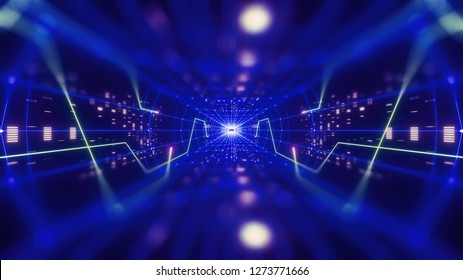 3d Render, Colorful Neon Virtual Reality Tunnel, Abstract Geometric Background. Virtual Data With Neon Blue Lines And Dots. Player Begins The VR Game. VR Experience. View With Depth Of Field.