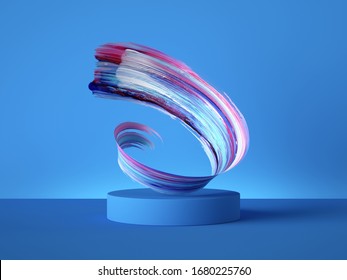 3d render colorful spiral gouache brush stroke object behind the empty podium isolated on blue background, acrylic paint smear clip art, blank showcase, vacant pedestal, copy space for product display