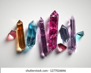 3d render, colorful spiritual crystals isolated on white background, reiki healing minerals, rough nuggets, faceted fashion gemstones, pink purple quartz, semiprecious gems