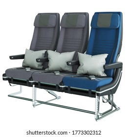 3D Render Of Comfortable Airplane Economy Seat With Seatbelt And Pillow On White Background