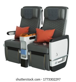 3D Render Of Comfortable Airplane Premium Economy Seat With Seatbelt And Pillow On White Background