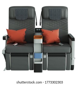 3D Render Of Comfortable Airplane Premium Economy Seat With Seatbelt And Pillow On White Background