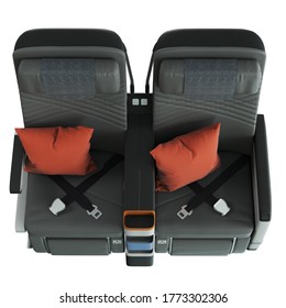 3D Render Of Comfortable Airplane Premium Economy Seat With Seatbelt And Pillow On White Background