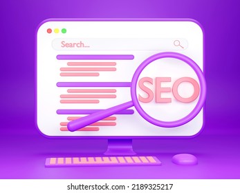 3D render computer display SEO ranking .Search screen with magnifier SEO, search engine optimization, top ranking concept.