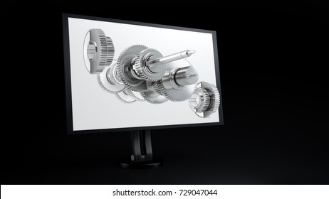 3d Render Of A Computer Monitor With CAD Design, Of Gears. Exploding Geometry From Screen Computer Assisted Desigh, Future Technology