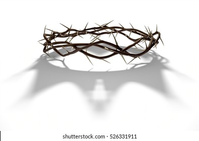 A 3D render concept of branches of thorns woven into a crown depicting the crucifixion casting a shadow of a royal crown on isolated white background