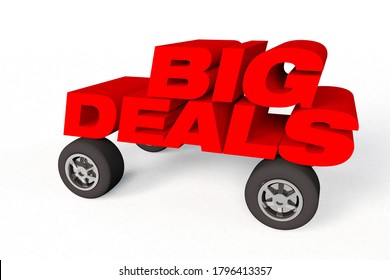 3d render concept of a car with big deals message on top on a white background
