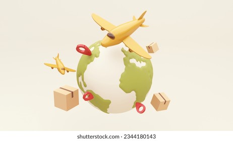 3d render of the concept of fast delivery of parcels around the world by car, plane, scooter. Online shopping. Urgent delivery and logistics. Cargo transportation. Shopping without leaving home.