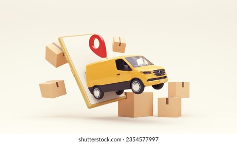 3d render of the concept of fast delivery of parcels around the world by car,scooter. Online shopping. Urgent delivery and logistics. Cargo transportation. Shopping without leaving home.
