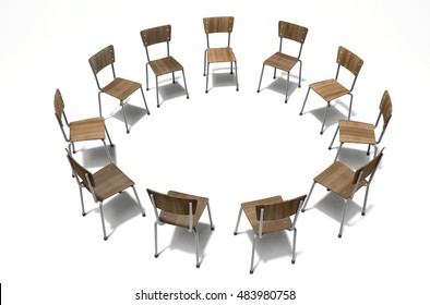 A 3D render concept of a group of chairs in a circular formation symbolizing a group therapy in session on an isolated white studio background - Powered by Shutterstock