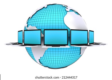 3D render of concept for labtop connection around world on white background.