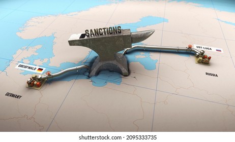 3D Render Of Concept Shot The Sanctions Against Nord Stream 2. Visualization Of The Construction Of A Gas Pipe Between Europe Germany And Russia, And A Falling Anvil With The Word Sanctions