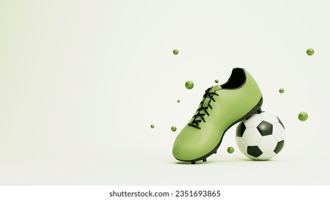 3d render of the concept of sports game. Football with sneakers on green background with grass. Backdrop for advertisement for the World gambling sports. Sports betting. Active lifestyle.