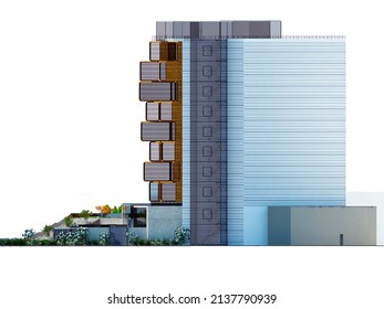 3d render. Conceptual architectural project of the hotel in the style of deconstructivism. Project for presentation and inspiration