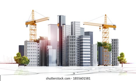3D render of conceptual urban building construction. Multiple skyscrapers and buildings under construction with cranes.Isolated on white background.