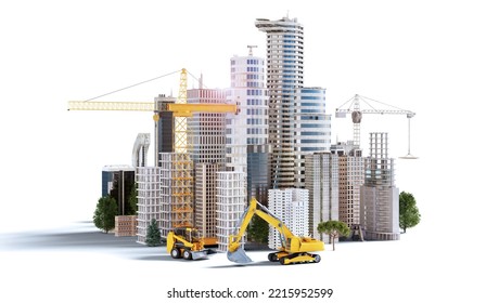 3D render of conceptual urban building construction. Diggers and cranes in a modern city with skyscrapers. Isolated on white. - Powered by Shutterstock