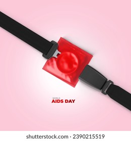 3d render condom packet with car safety belt represent world aids day. 3d illustration.