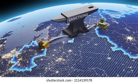 3D Render Of The Construction Of The Gas Pipe Nord Stream 2. The Concept Of Sanctions And Economic War, An Anvil Falling On A Gas Pipe. 3D Rendering