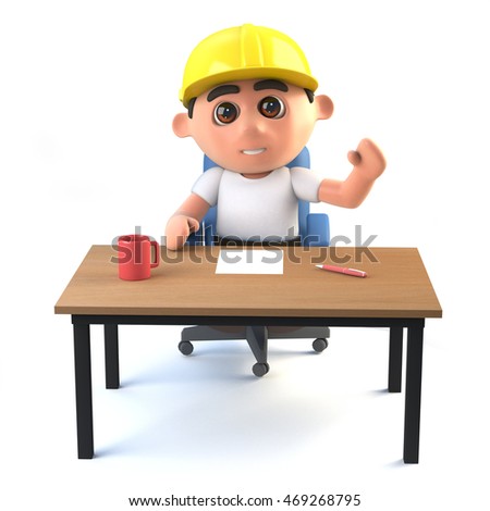3d render of a construction worker sitting at his desk and waving