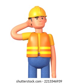 3d Render Of Construction Worker Thinking, Making Decision, Contemplating