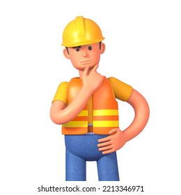 3d Render Of Construction Worker Thinking, Making Decision, Contemplating